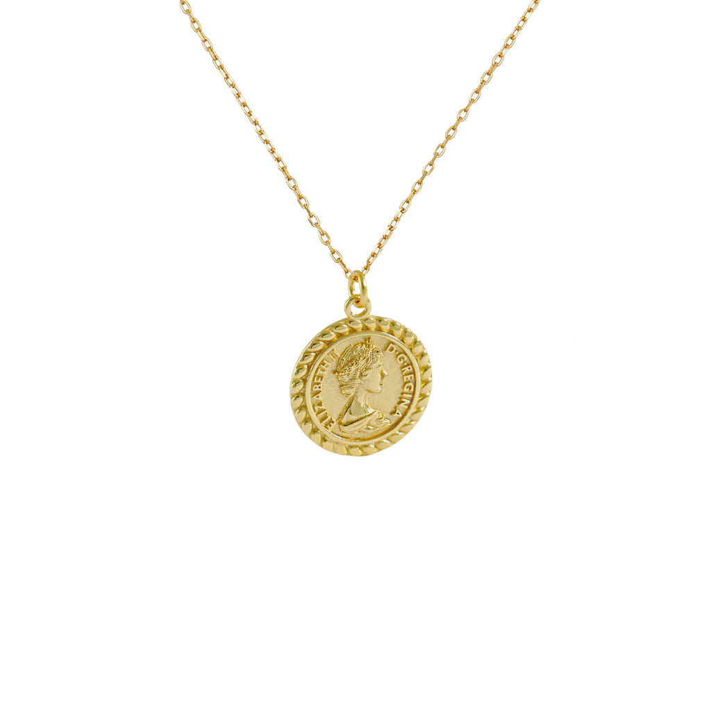 18K Gold Queen Elizabeth Medallion Necklace, layering gold necklaces, gold coin necklace, 925 sterling silver 18k gold plated necklace,