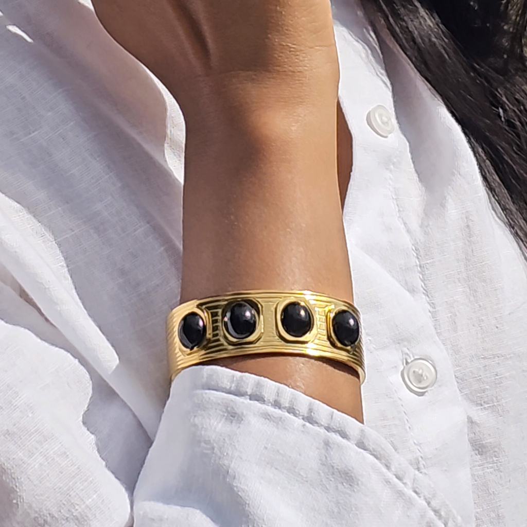 Black Agate Cuff Bangle I Non Tarnish Waterproof Jewellery