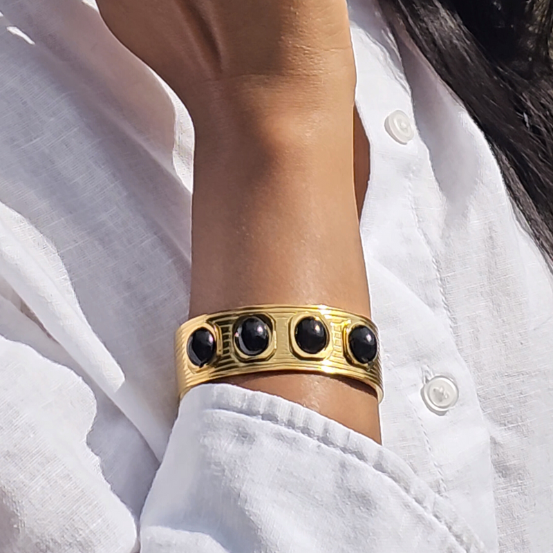 Black Agate Cuff Bangle I Non Tarnish Waterproof Jewellery