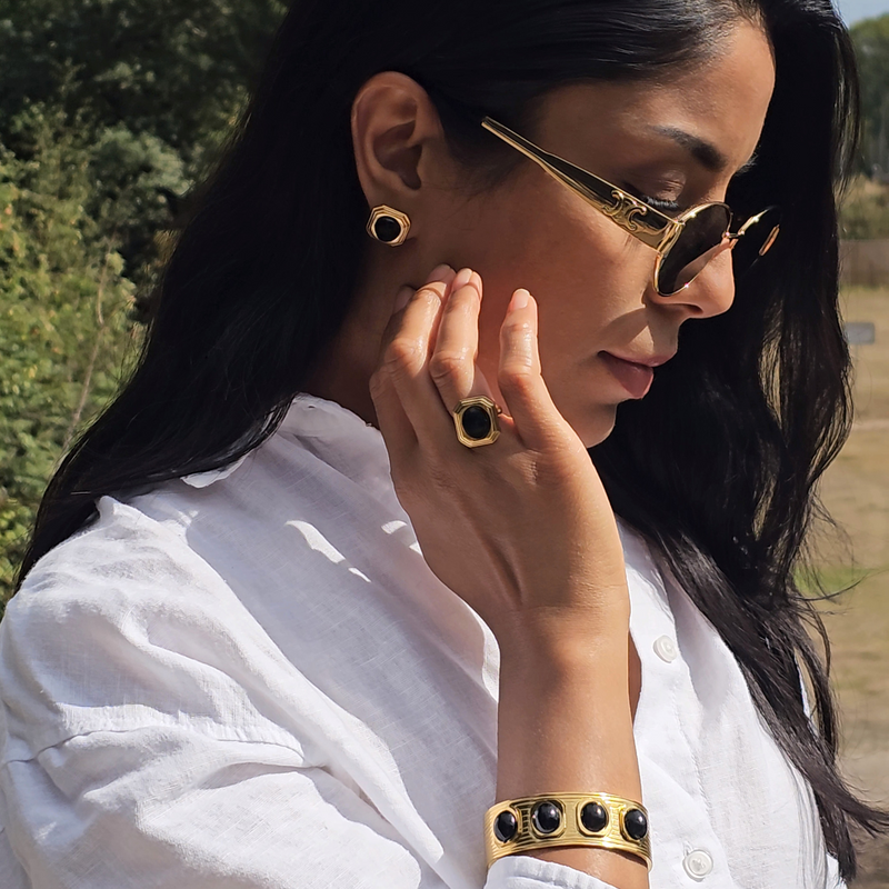Black Agate Cuff Bangle I Non Tarnish Waterproof Jewellery