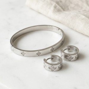 Diamond Clover Bangle & Hoops Silver I Waterproof Stacking Bangles I Safana Jewellery