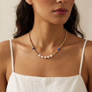 Evil Eye Pearl Necklace I Summer Boho Necklace I Safana Jewellery