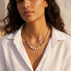 Evil Eye Pearl Necklace I Summer Boho Necklace I Safana Jewellery