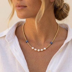 Evil Eye Pearl Necklace I Summer Boho Necklace I Safana Jewellery
