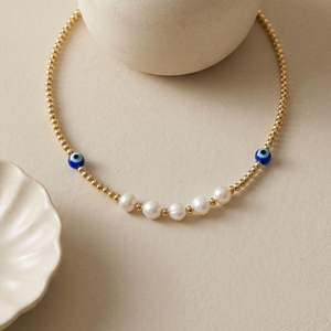 Evil Eye Pearl Necklace I Summer Boho Necklace I Safana Jewellery