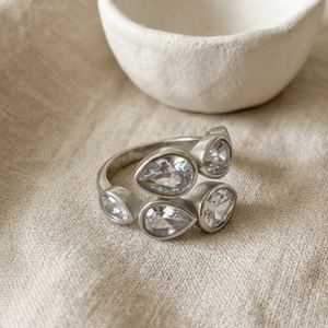 Teardrop Diamond Crossover Ring Silver | Waterproof Jewellery