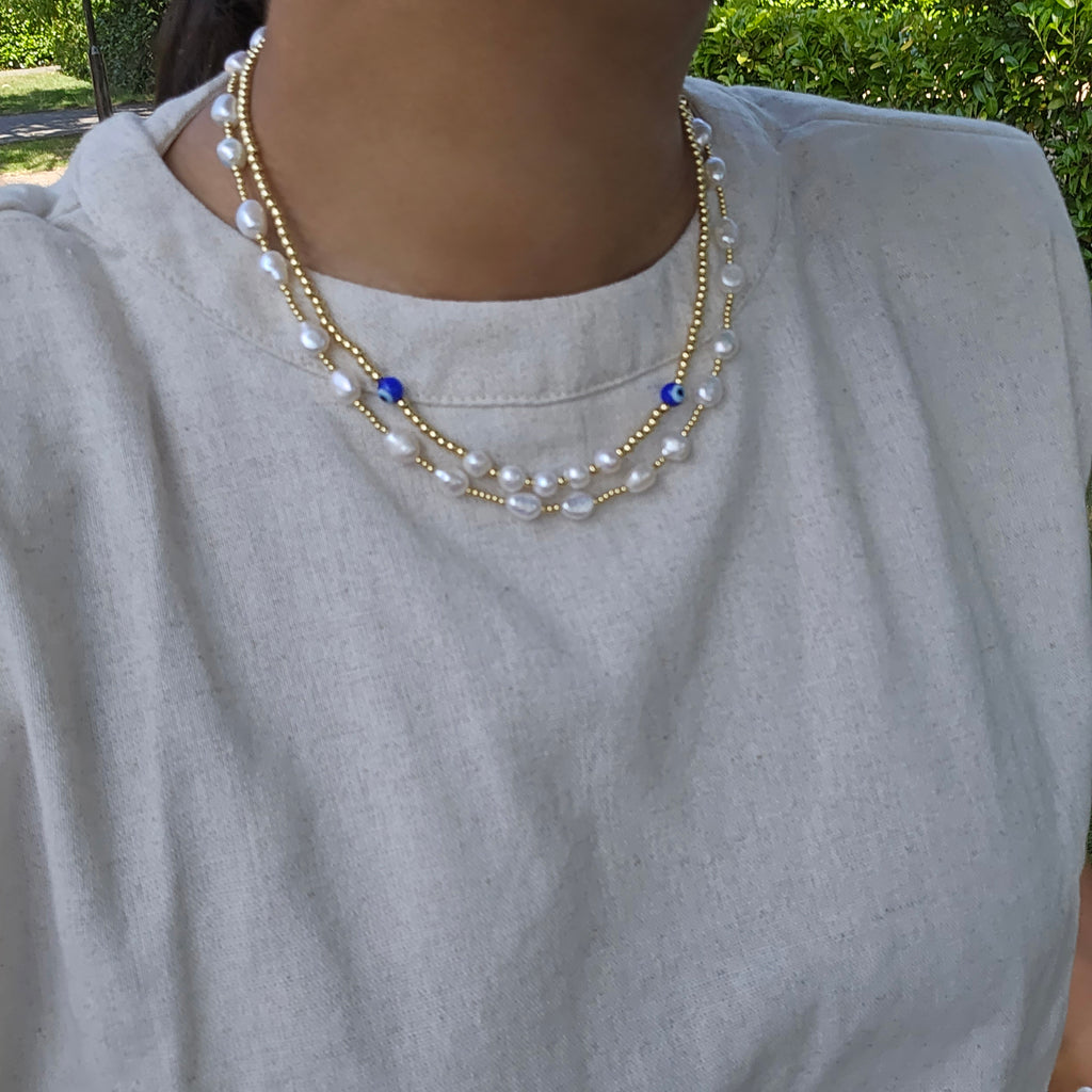 baroque pearl necklace, boho necklace, summer jewellery, evil eye necklace