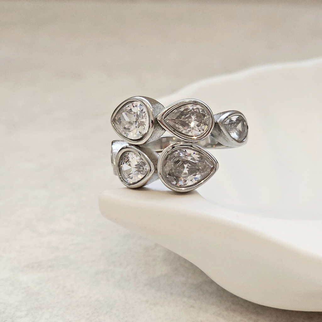 Teardrop Diamond Crossover Ring Silver | Waterproof Jewellery