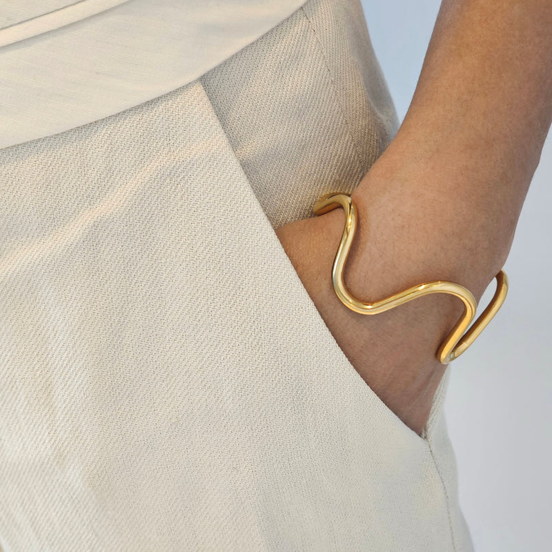 Wave Open Cuff Bangle, stacking gold tarnish free bangle