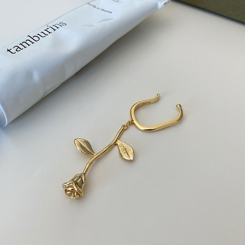 Rose Single Ear Cuff Earrings, gold vermeil jewellery, gold vermeil earrings, rose earrings, rose hoops. statement earrings, single ear earrings, demi fine jewellery, uk jewellery brands