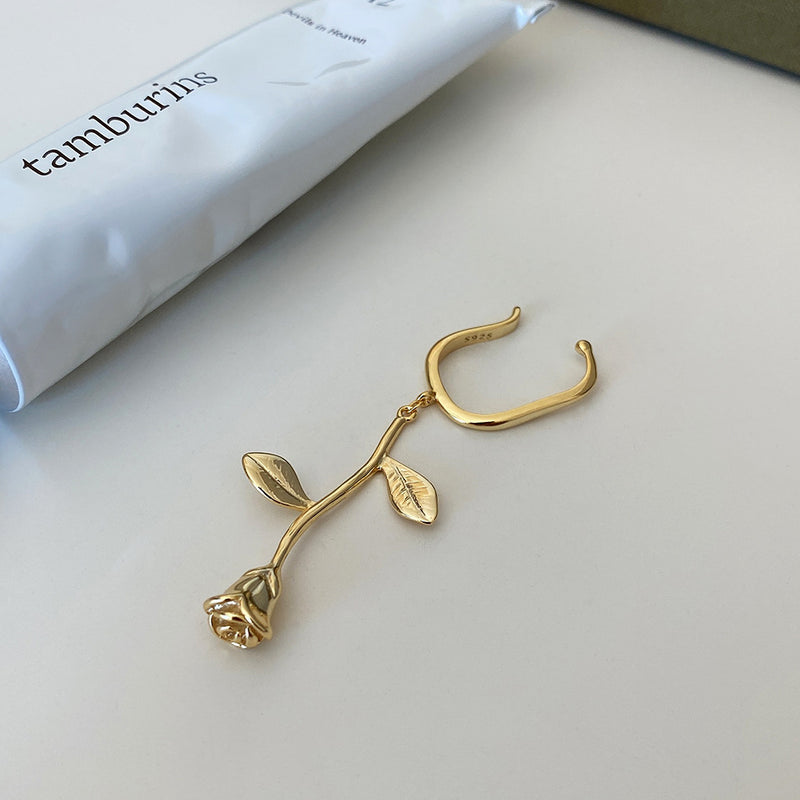 Rose Single Ear Cuff Earrings, gold vermeil jewellery, gold vermeil earrings, rose earrings, rose hoops. statement earrings, single ear earrings, demi fine jewellery, uk jewellery brands
