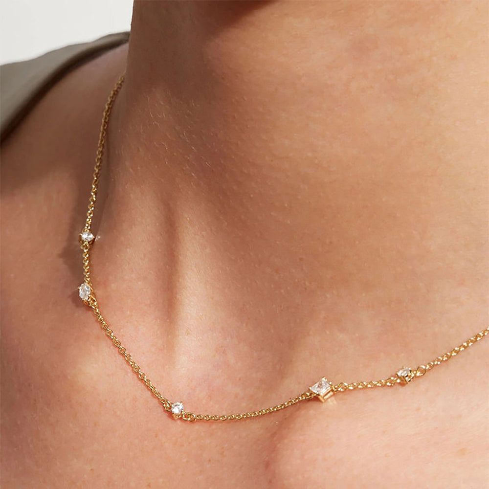 Dainty Charm Necklace, minimalist gold necklace, diamond station necklace, gift for her