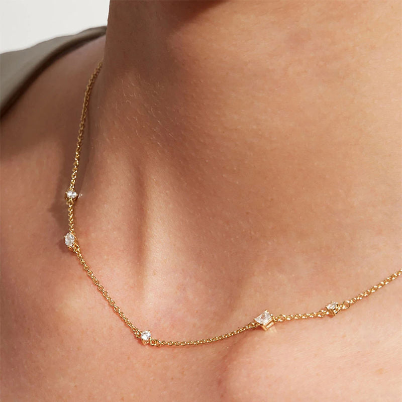 Dainty Charm Necklace, minimalist gold necklace, diamond station necklace, gift for her