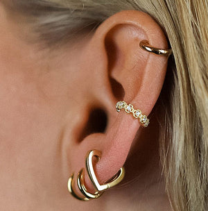 Gold Heart Hoops, gold hoops, stacking hoops, ear stack, uk jewellery brand, heart hoops