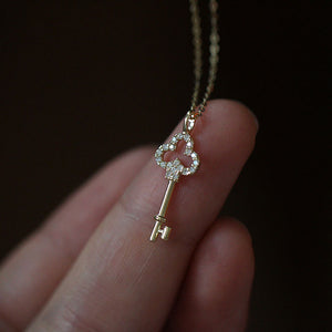 mini key charm clover necklace, womens dainty gold necklaces