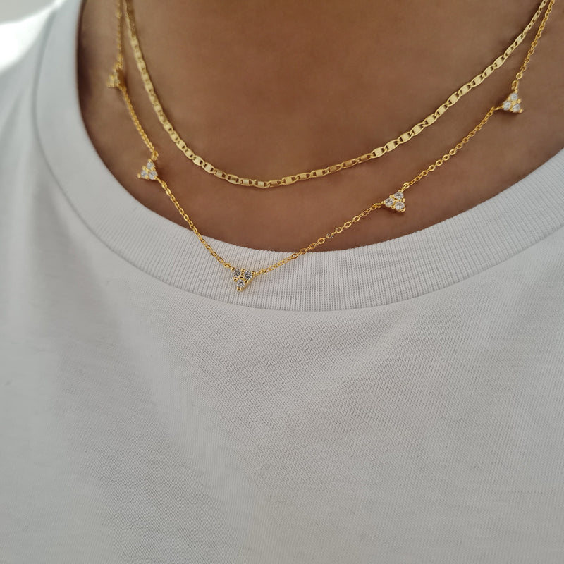trilogy gold necklace, dainty necklace, three diamond necklace, layering gold necklaces, womens gold stacking necklaces, womens gold jewellery, 925 sterling silver gold jewellery