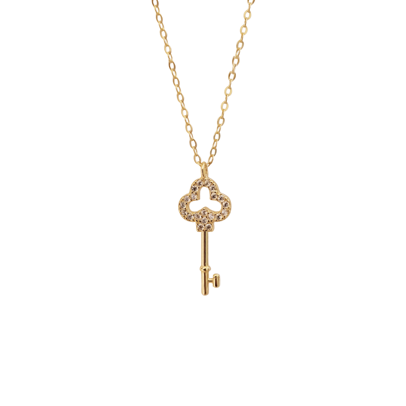 mini key charm clover necklace, womens dainty gold necklaces