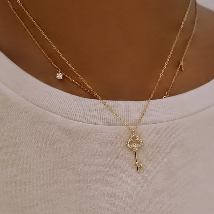 mini key charm clover necklace, womens dainty gold necklaces