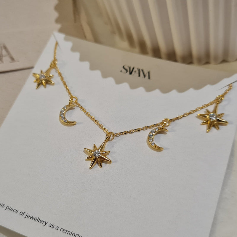moon and star charm necklace, layering gold necklaces, womens gold stacking necklaces, womens gold jewellery, 925 sterling silver gold jewellery