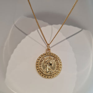 18K Gold Queen Elizabeth Medallion Necklace, layering gold necklaces, gold coin necklace, 925 sterling silver 18k gold plated necklace,