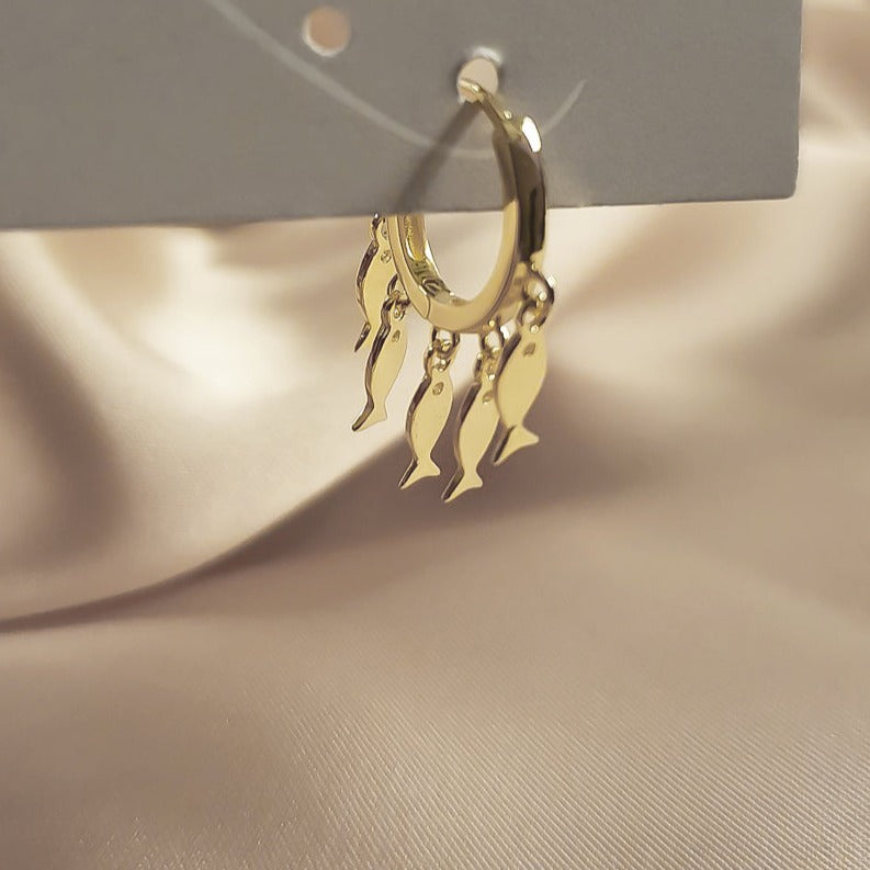 Gold Fish Charm Hoops, ear stack, gold huggies, gold hoops, ear stacking, womens hoops, gift ideas, uk jewellery brands