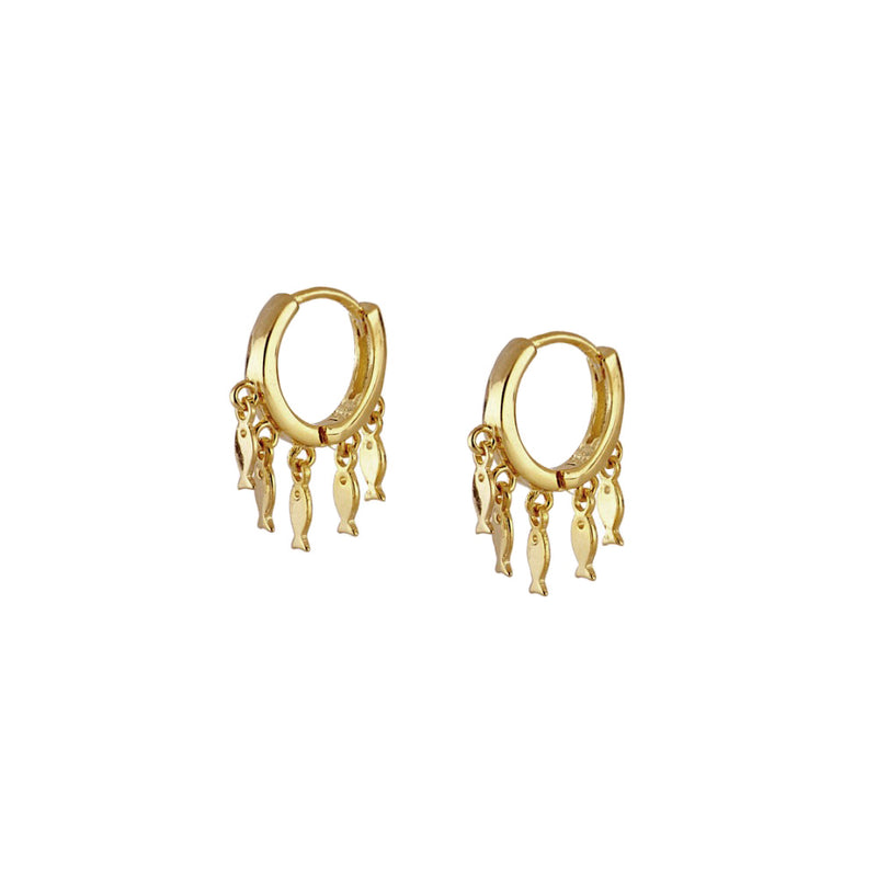 Gold Fish Charm Hoops, ear stack, gold huggies, gold hoops, ear stacking, womens hoops, gift ideas, uk jewellery brands