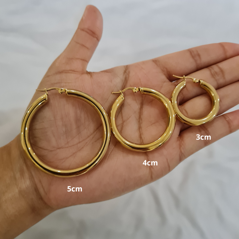 Large Glossy Hoops, thick gold hoops, tarnish free waterproof gold hoops