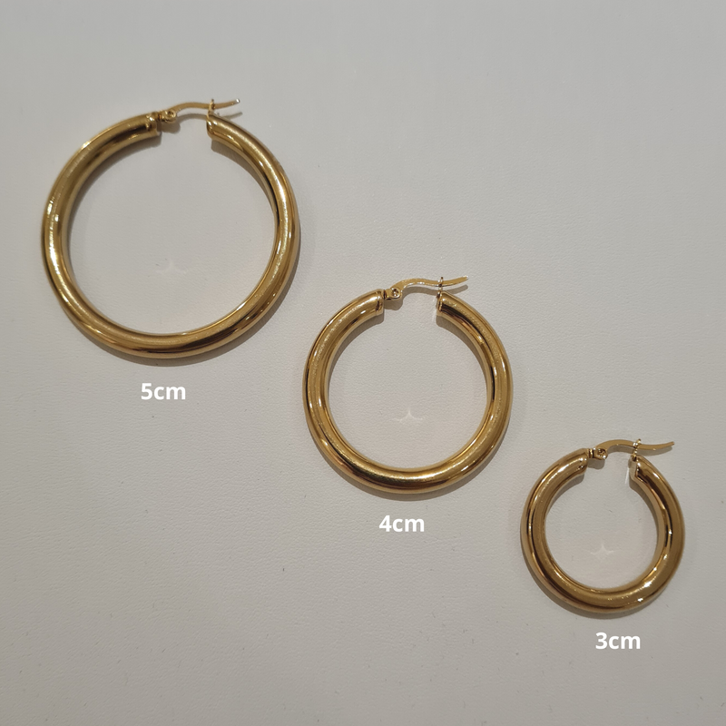 Large Glossy Hoops, thick gold hoops, tarnish free waterproof gold hoops