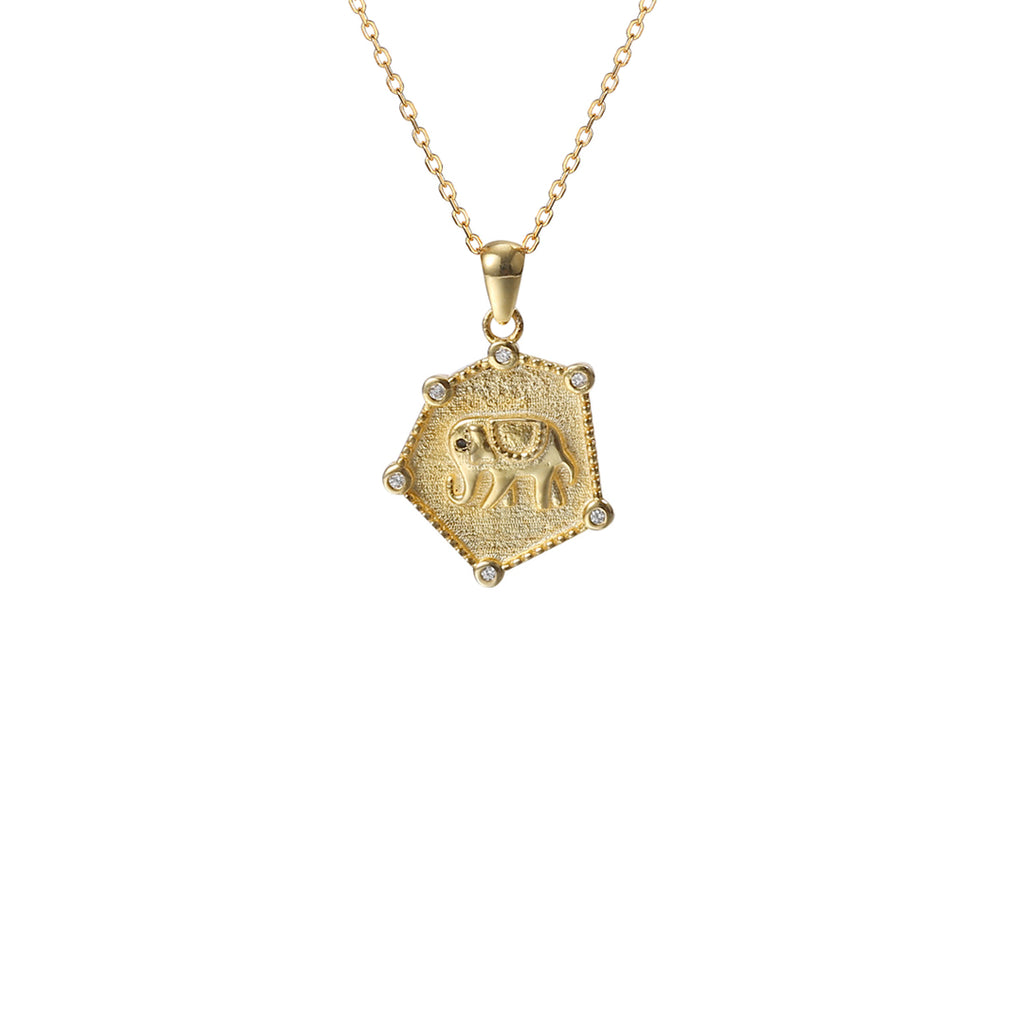 Hexagon Elephant Necklace Gold, gold layering necklace, gold chain, elephant necklace, gold vermeil necklace, gold chain, elephant pendant, womens necklace, uk jewellery brand, christmas gift ideas for her, gifts for her