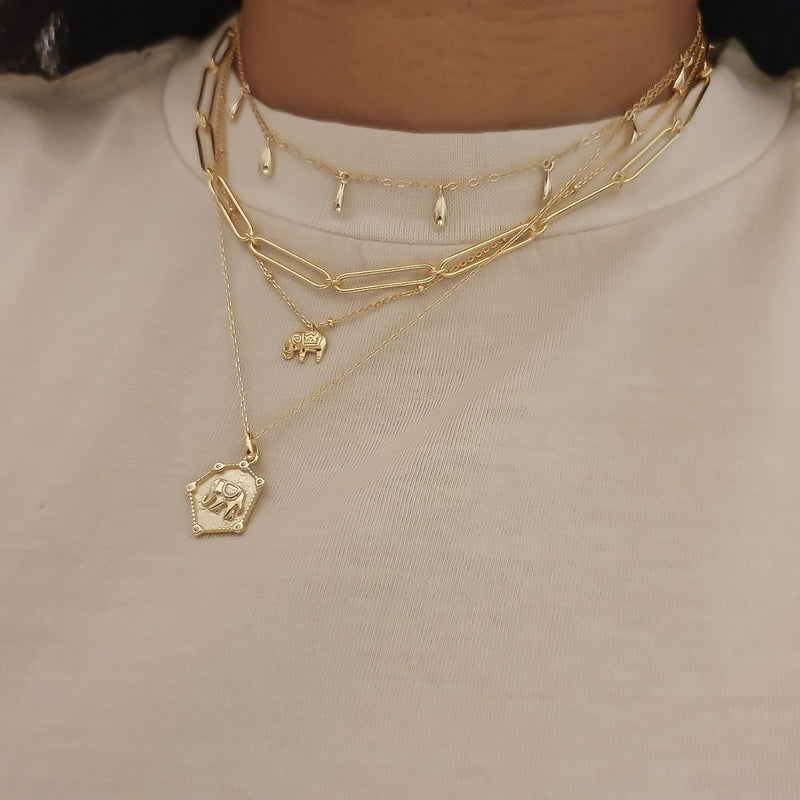 Hexagon Elephant Necklace Gold, gold layering necklace, gold chain, elephant necklace, gold vermeil necklace, gold chain, elephant pendant, womens necklace, uk jewellery brand, christmas gift ideas for her, gifts for her