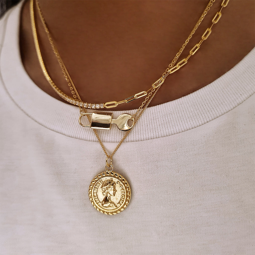 18K Gold Queen Elizabeth Medallion Necklace, layering gold necklaces, gold coin necklace, 925 sterling silver 18k gold plated necklace,