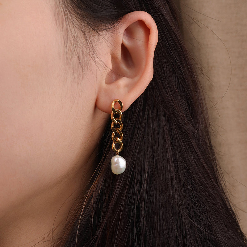 Link Chain Pearl Drop Earrings, gold statement earrings, waterproof tarnish free jewellery, gifts for her