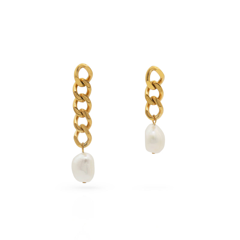 Link Chain Pearl Drop Earrings, gold statement earrings, waterproof tarnish free jewellery, gifts for her