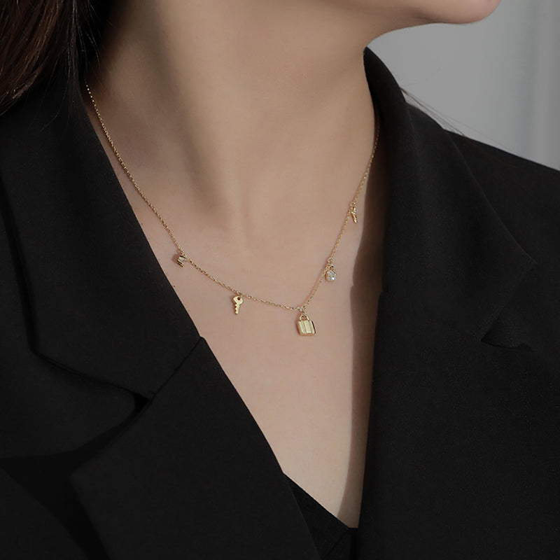 Lock & Key Charm Necklace, dainty gold stacking necklaces