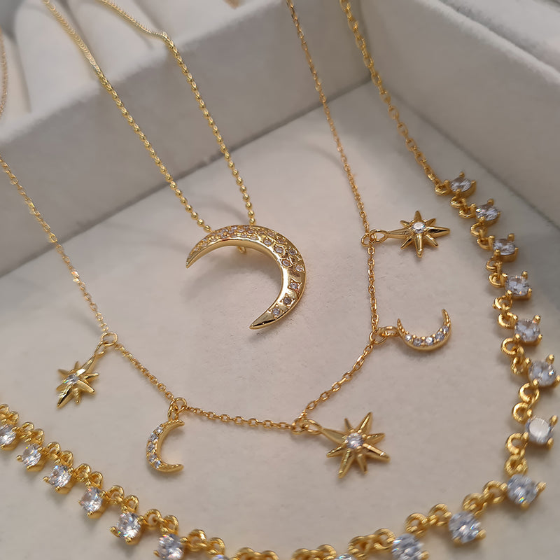 Pave Crystal Crescent Moon Necklace, layering gold necklaces, dainty layering necklaces, gold moon necklace
