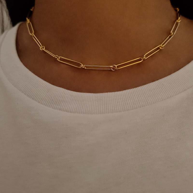 Gold Rectangle Link Chain, layering chain, layering necklace, link necklace, womens necklaces, uk jewellery brand, demi fine jewellery, gold vermeil necklace, gold vermeil chain, paper clip necklace, paper clip chain