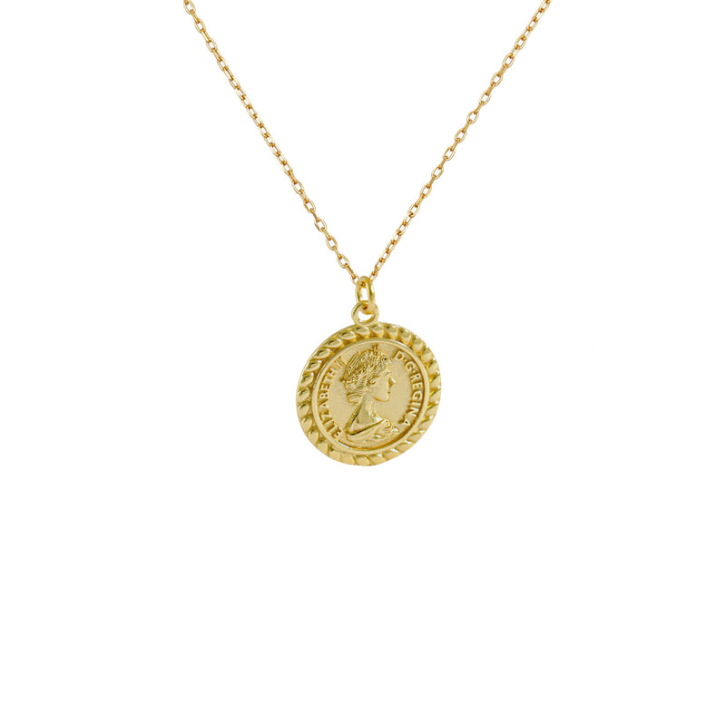 18K Gold Queen Elizabeth Medallion Necklace, layering gold necklaces, gold coin necklace, 925 sterling silver 18k gold plated necklace,