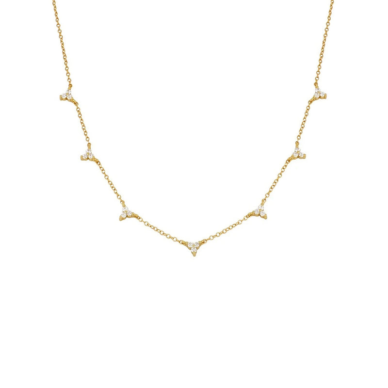 trilogy gold necklace, dainty necklace, three diamond necklace, layering gold necklaces, womens gold stacking necklaces, womens gold jewellery, 925 sterling silver gold jewellery