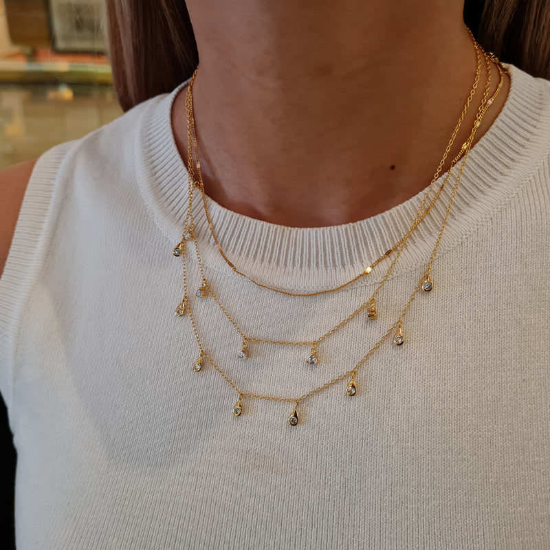 gold water drop necklace, layering gold necklaces, womens gold stacking necklaces, womens gold jewellery, 925 sterling silver gold jewellery