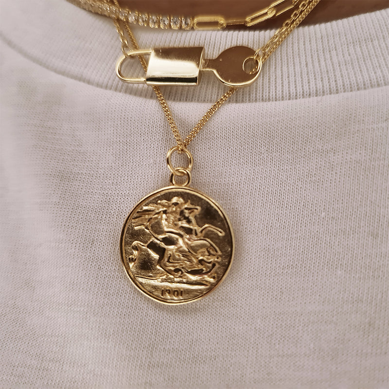 18K Gold Queen Elizabeth Medallion Necklace, layering gold necklaces, gold coin necklace, 925 sterling silver 18k gold plated necklace,