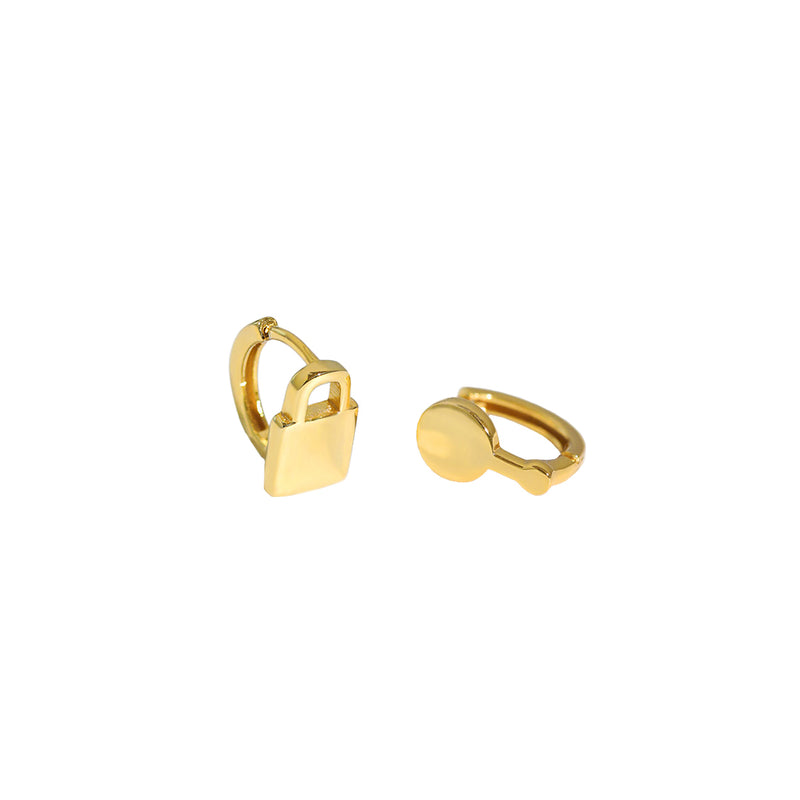 Gold Lock & Key Huggie Earring, huggie earrings, lock and key earrings, lock and key studs, lock and key oops, demi fine jewellery, gold vermeil earrings, gold vermeil jewellery, uk jewellery brand