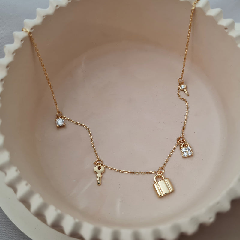 Lock & Key Charm Necklace, dainty gold stacking necklaces