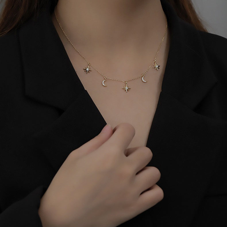moon and star charm necklace, layering gold necklaces, womens gold stacking necklaces, womens gold jewellery, 925 sterling silver gold jewellery