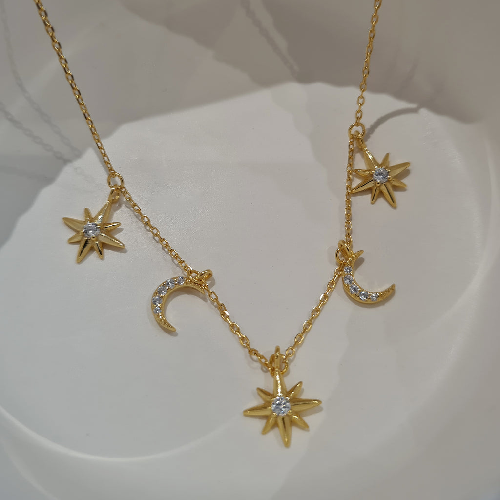 moon and star charm necklace, layering gold necklaces, womens gold stacking necklaces, womens gold jewellery, 925 sterling silver gold jewellery