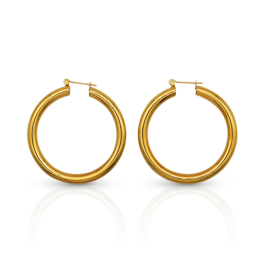 Large Glossy Hoops, thick gold hoops, tarnish free waterproof gold hoops