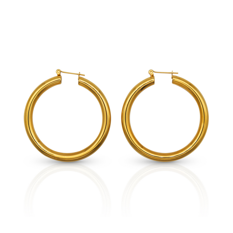 Large Glossy Hoops, thick gold hoops, tarnish free waterproof gold hoops