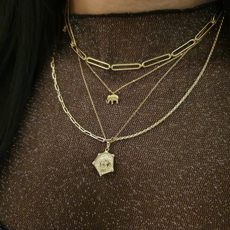 Hexagon Elephant Necklace Gold, gold layering necklace, gold chain, elephant necklace, gold vermeil necklace, gold chain, elephant pendant, womens necklace, uk jewellery brand, christmas gift ideas for her, gifts for her