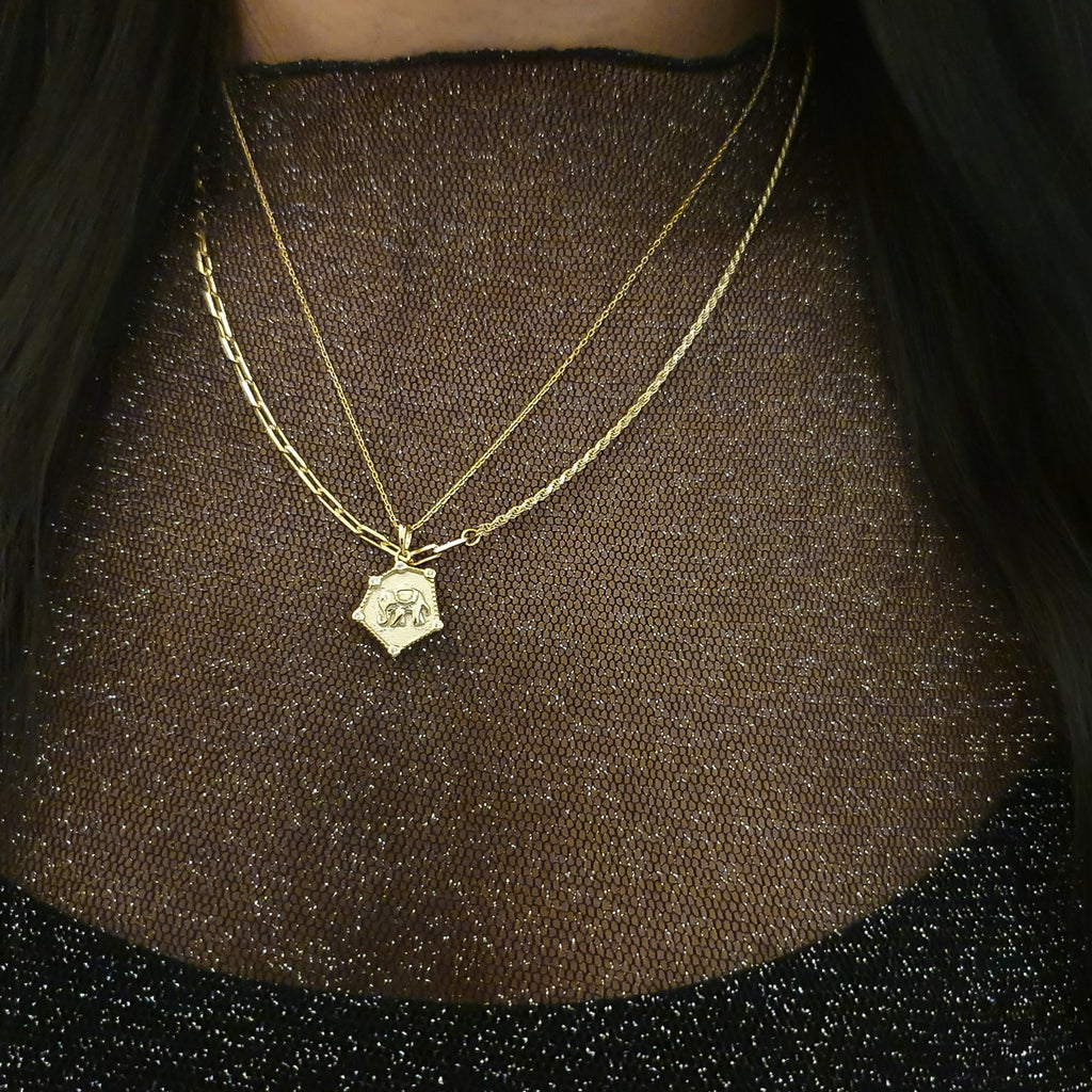Hexagon Elephant Necklace Gold, gold layering necklace, gold chain, elephant necklace, gold vermeil necklace, gold chain, elephant pendant, womens necklace, uk jewellery brand, christmas gift ideas for her, gifts for her
