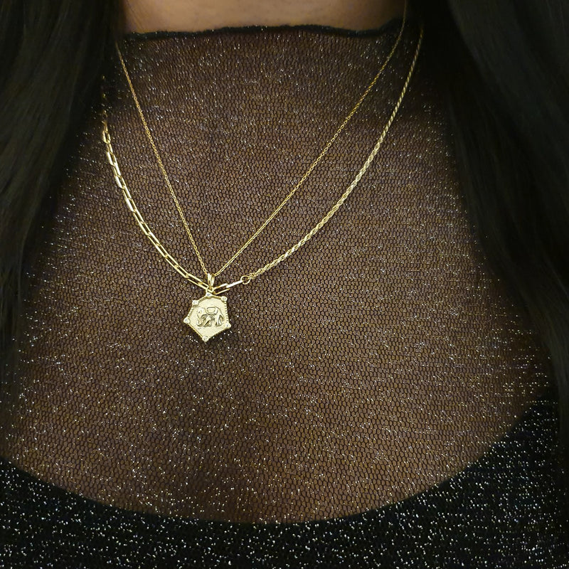 Hexagon Elephant Necklace Gold, gold layering necklace, gold chain, elephant necklace, gold vermeil necklace, gold chain, elephant pendant, womens necklace, uk jewellery brand, christmas gift ideas for her, gifts for her