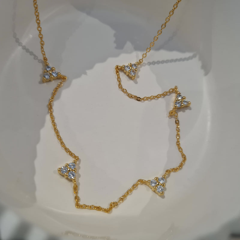 trilogy gold necklace, dainty necklace, three diamond necklace, layering gold necklaces, womens gold stacking necklaces, womens gold jewellery, 925 sterling silver gold jewellery